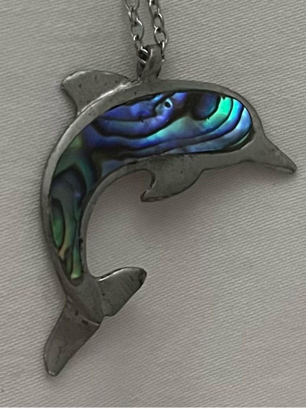 Abalone Inlay Dolphin Pendant Necklace - Iridescent Blue-Green